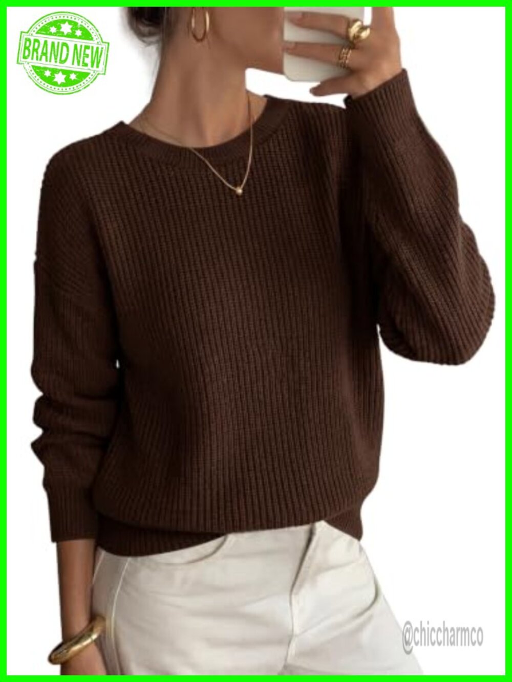 Womens Chunky Ribbed Knit Crew Neck Oversized Pullover Sweater